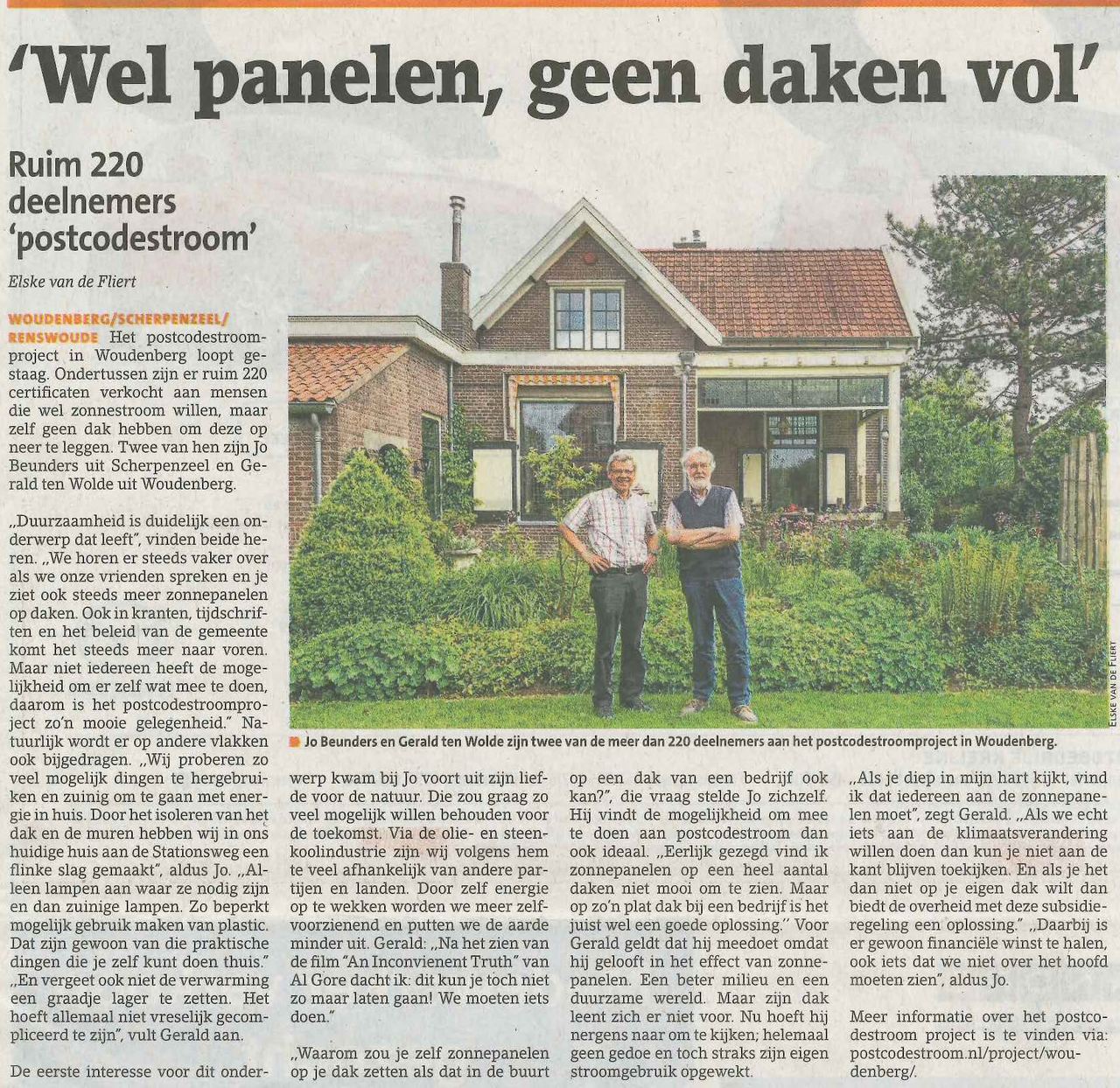 De Woudenberger, krantenartikel, Postcodestroom, 'wel panelen geen daken vol'